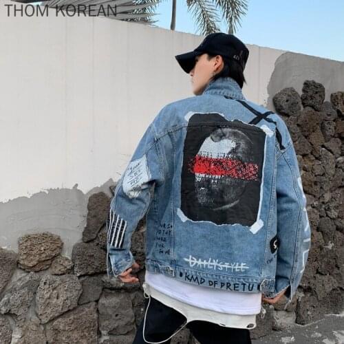 2021 Autumn Men Denim Jacket High Street Turn Down Collar Cowboy Coat Bombing Jacket Hip Hop Soft Fashion