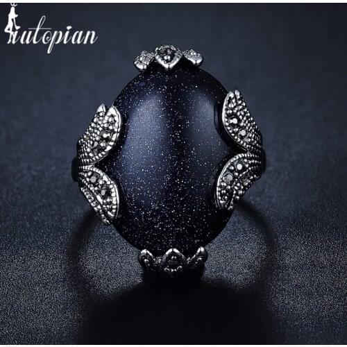 Iutopian Brand New Arrival Vintage Elegant Anti Allergy Black Galaxy Stone Rings for Women High Quality #D5046black
