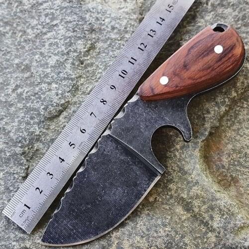 Swayboo Wooden handle Outdoor Camping knife stone wash Portable Survival Hunting knives with leather sheath knives fixed blade