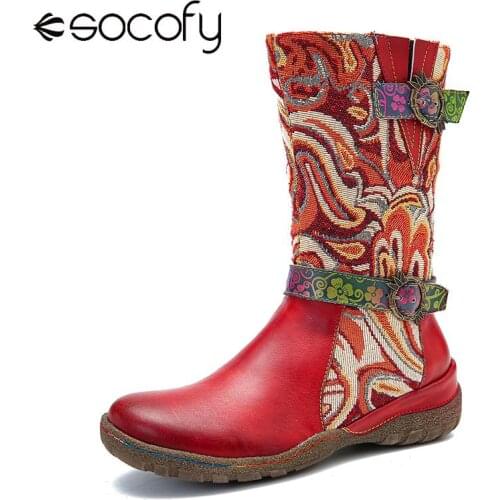 SOCOFY Genuine Leather Fantastic Pattern Splicing Metal Buckle Soft Sole Flat Tall Boots Elegant Shoes Women Shoes Botas Mujer