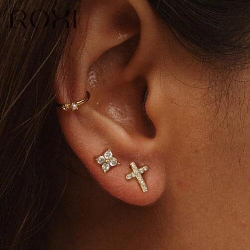 ROXI Shiny Cubic Zircon Cross Stud Earrings For Women Punk Ear Jewelry 925 Sterling Silver Earring Small Helix Piercing Earrings
