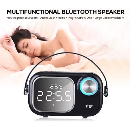 Soaiy E16 Bluetooth Speaker Mini Wireless Outdoor Home Portable Bass Laptop Car LED Mirror Alarm Clock FM Radio Small Subwoofer