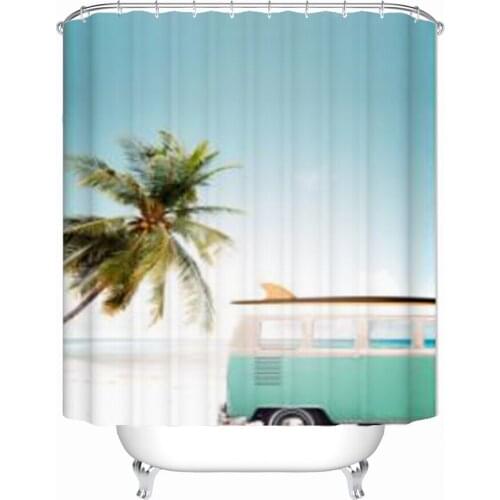 Vintage Car Surfing Shower Curtain Tropical Beach Decor Curtain Bathroom Fabric Curtains With Hooks Waterproof Shower Curtains