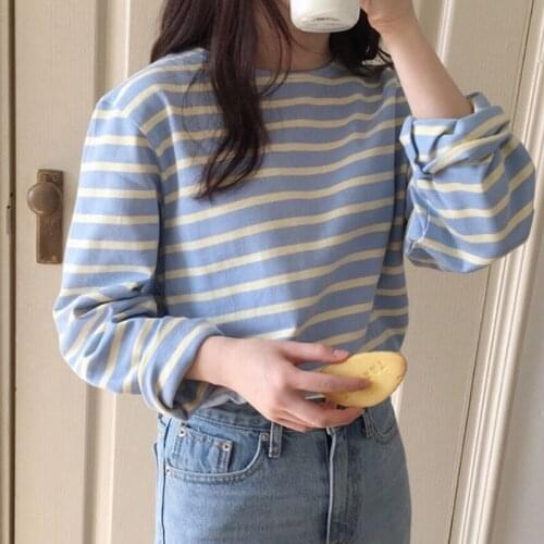 Striped T Shirt Women Autumn New Long Sleeve O-neck Loose Cotton Korean All-match Basic Woman Tops Femme Tees T-shirts
