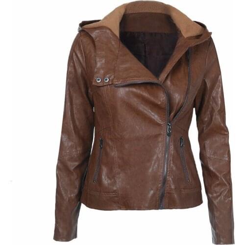 2020 autumn winter European and American fashion hooded long-sleeved pure color womens leather short slim Brown jacket female