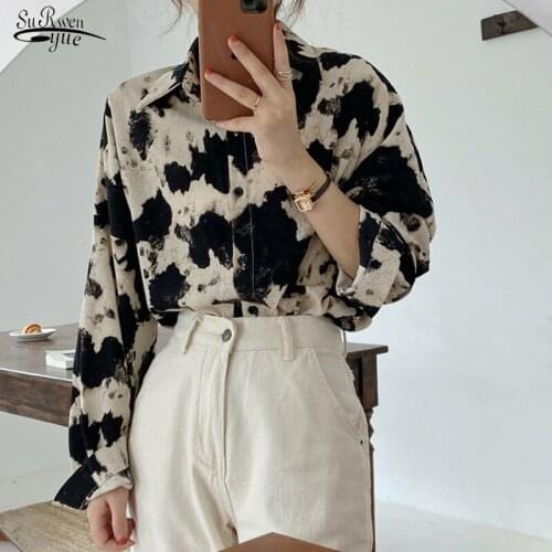 Autumn New Long Sleeve Blouse Cow Print Button Up Shirts Women Korean Fashion Clothes Chiffon Streetwear Plus Size Tops 16104
