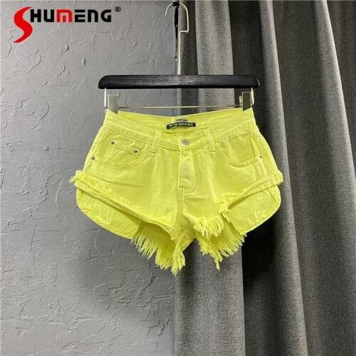 2021 Summer Female New European Hot Girl Tassel A-line Denim Shorts Womens Fashion Simple Solid Color Wide Leg Jeans Hot Pants