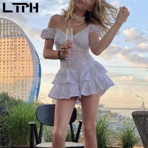 LTPH vintage jumpsuit women elegance rompers hollow embroidery cotton white sexy slim puff sleeve Body playsuits 2021 summer new