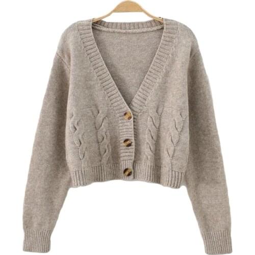 Fall Winter Short Solid Color Cardigan Women Single Breasted Knitted Sweater Coat Womens V Neck Jacket High Waist Fall New Tops