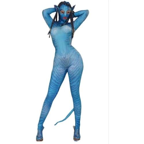 Women New Blue Avatar Couple Sexy Jumpsuit Stretch Prom Party Luxurious Stage Outfit Nightclub Show Costume Performing Halloween