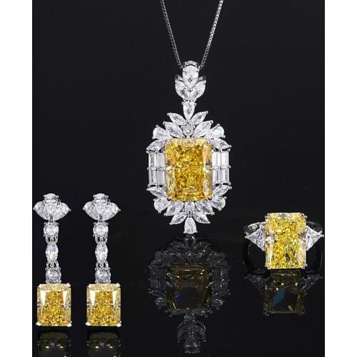 Luxury 925 Sterling Silver Yellow Topaz Gemstone High Carbon Diamond Necklace Ring Earrings For Women Wedding Jewelry Sets Gift