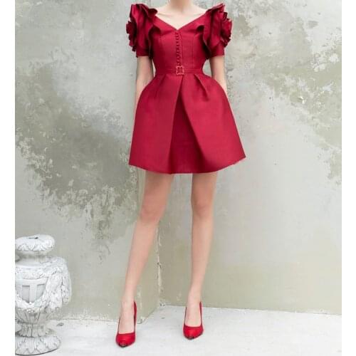 Women Short Sleeve V-neck Red Chiffon Short Sashes Nylon or Cotton A- Dress Dress