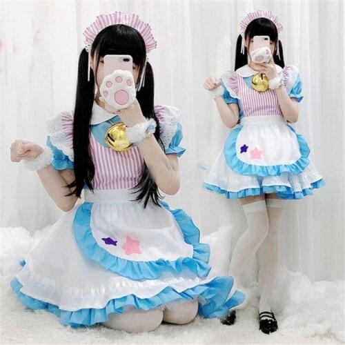 Women Maid Cosplay Costume Short Sleeves Sweet Lolita Dress Waitress Maid Uniform Party Stage Halloween Costumes with Headwear