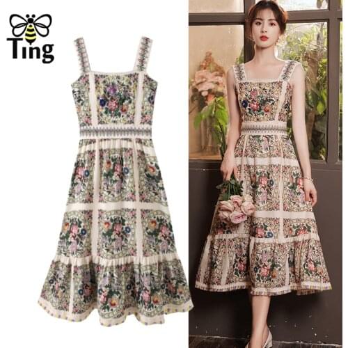 Tingfly Summer Vintage Elegant Sweet Soft Girl A Line Dress Party Dinner Dresses Strap Sundress Beading Crytal Elbise Traf Eam