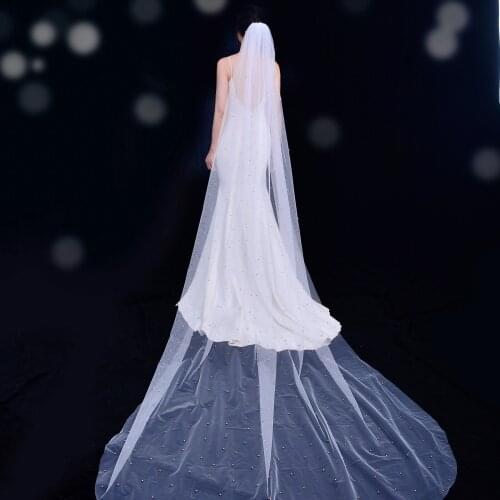 ZMV11 Cathedral Wedding Veil White Ivory Handmade Tulle with Pearls Beautiful Long Bridal Marriage headband with veil face