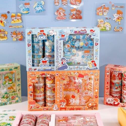 10Pcs Stickers+10Pcs Tapes Matte PET Kawaii Washi Tape Sticker Set Gift Box Diary Scrapbooking DIY Decoration School Supplies