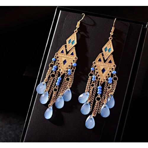 2019 Ethnic Gold Rhombus Blue Crystal Tassel Earrings For Women Bohemia Geometric Alloy Long Jhumka Dangling Earrings