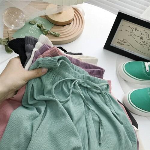 2021 Fashion Spring Women Wide Leg Pants Casual Long Pant Summer Female Eastic Waist Thin Pants Ice Silk Knitting Trousers 1339