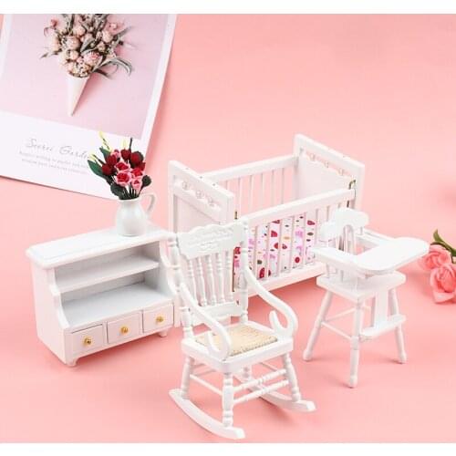 5Pcs/Set 1:12 Dollhouse Miniature Babys Room Furniture Set Crib Closet High Chair And Vase Decoration