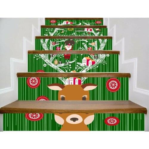 6pcs/set 18cm x 100cm Elk and Santa Claus Come Together and Give You New Year Presents Stairs Sticker Wallpaper LTT055