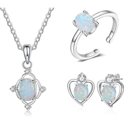 925 Silver Jewelry Set for Women Oval Opal Necklaces Open Ring Cubic Zirconia Earrings Set Fine Jewelry Valentines Day Gift
