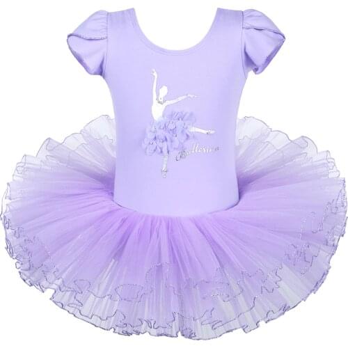 BAOHULU Purple Ballet Dress Short Sleeve Ballet Dress Girl Pearl Flower Ballet tutu Dancer Ballet Costume for Kids Girls