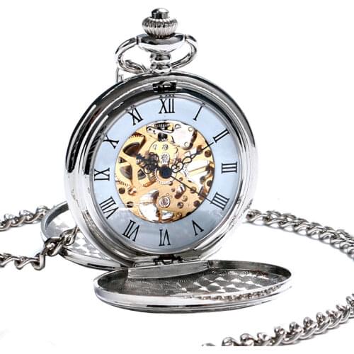 Elegant Hollow Roman Silver Double Shielded Mechanical Pocket Watch For Men Women With Chain Clock Drop Shipping