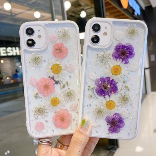 Glitter Real Dried Flower Phone Case for Iphone 11 Pro Max 7 8plus X Xr Max Sequins Clear Bumper Soft Tpu Shockproof Back Cover
