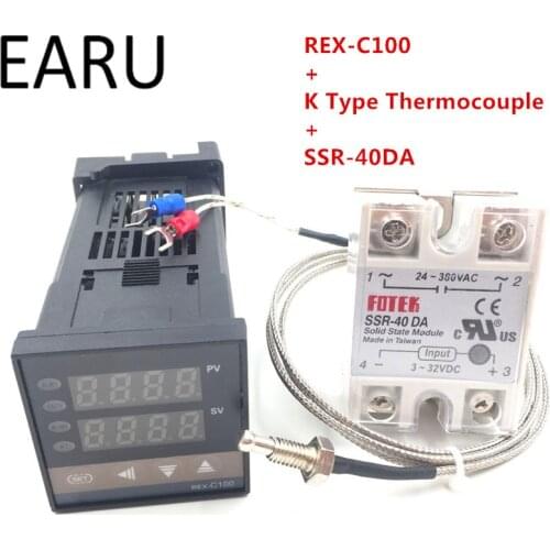 Digital PID Temperature Controller Thermostat REX-C100 + Max 40A SSR SSR-40DA Relay + K Thermocouple M6 Probe High Quality