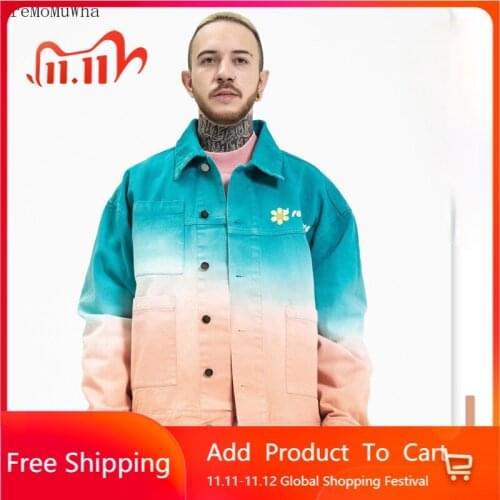 Spring Autumn New Gradient Color Tooling Denim Clothes Hip Hop Graffiti Hanging Dye Casual Jacket American Smiley Loose Jackets