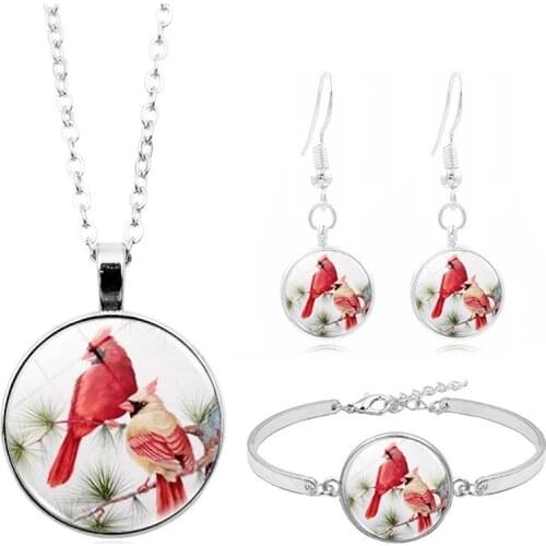 Jewelry Sets Cabochon Pendant Necklace Fashion Women Bracelets Earrings Jewelry Set Cardinal Bird Time Stone For Ladies Party
