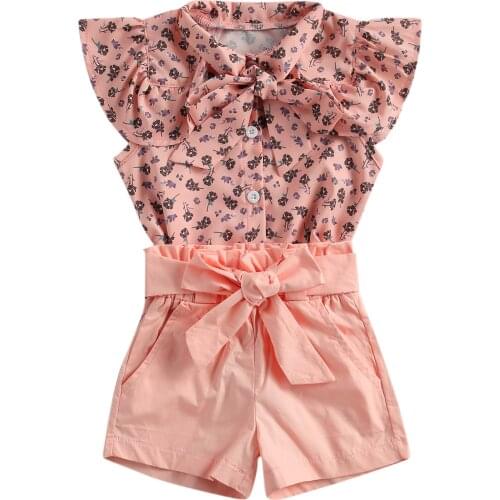 Infant Kids Baby Girl Clothes 2 Pieces Set, Kid Summer Floral Printed Ruffle Tops Shirt High Waist Shorts Outfit for Baby 1-6Y