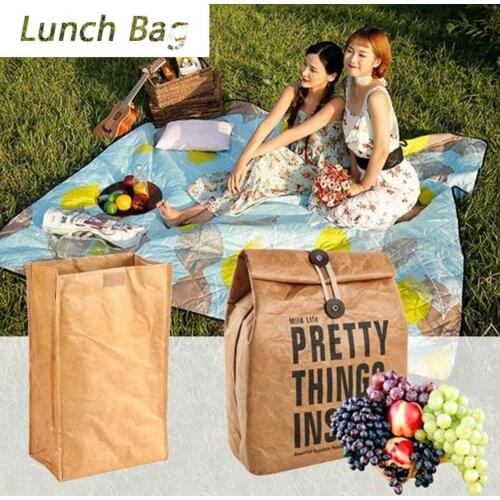 Brown Paper Lunch Bag Reusable Box Sack Durable Insulated Thermal Paper Bag Snack Cooler Picnic Container