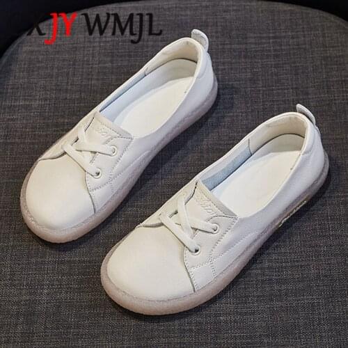Large Size Genuine Leather Casual Shoes Women Sneakers Cowhide Vulcanized Shoe Autumn Comfortable Flats Female White Sneaker 41