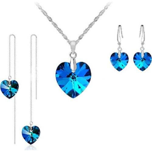 Top Sale Jewely Sets Blue Austrian Crystal Pure Genuine 925 Sterling Silver Ocean Sea Heart Necklace Earring Ear Thread