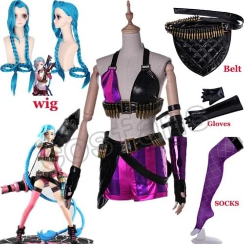 HOT! Game LoL Crit Loli Jinx Cosplay Costume Jinx Original Skin Magical Uniforms Blue Wigs Hair For Women Girls Party Clothing
