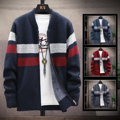 Mens Baseball Neck Sweater Fall Winter Push Padded Wool Sweater Fashion Zip Knitwear Cardigan Fashion Striped Jacket