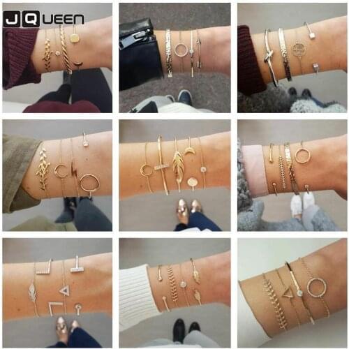 4 Pcs Punk Bohemian Leaf Moon Charm Bracelets Set For Women Multilayer Circle Crystal Knot Bangles & Bracelet Suit Jewelry Gifts