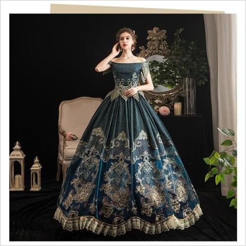Real vintage blue embroidery princess rococo medieval ball gown fairy dress European court Gown queen Victorian Belle /ball gown