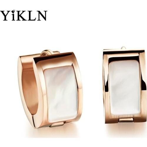 YiKLN New Elegant Natural Shell Hoop Earrings For Women 316L Titanium Steel Rose Gold Color Wedding Earrings Jewelry YE17086