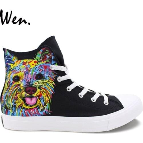 Wen Original Design Colorful Pet Dog Hand Painted Shoes High Top Classic Black Canvas Unisex Shoes Animal Sneakers Gym Shoes