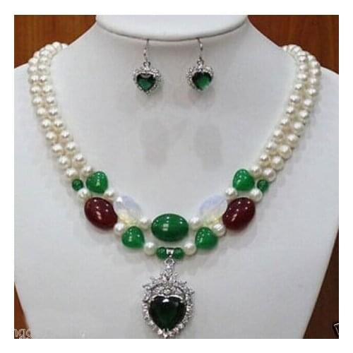 Bride of the new fashion style two rows of pearl jade necklace earrings