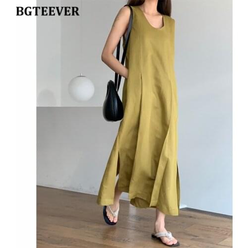 BGTEEVER Casual O-neck Sleeveless Ladies Long Dress Summer New Fashion Elegant Side Split Women Solid Vest Dress Vestidos 2021