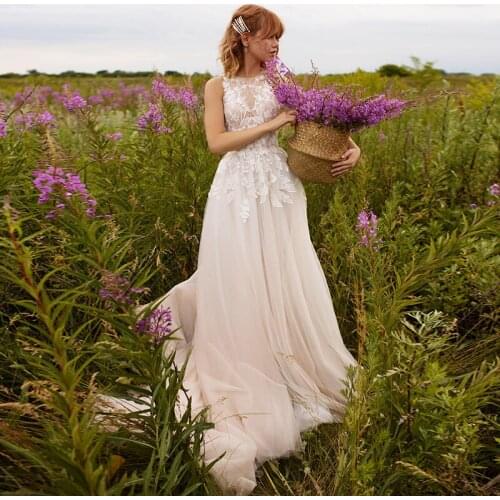 Princess Tulle A-Line Wedding Dresses 2021 O-Neck Sleeveless Lace Appliques Sweep Train Civil Bridal Gown With Button Back