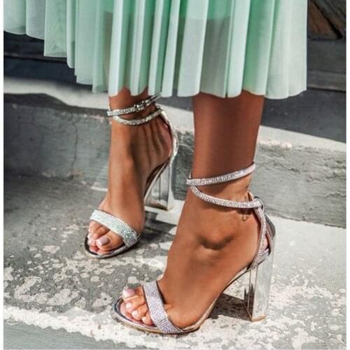 Silver Crystal Sexy Women Sandals Square Heel Buckle Strap Gladiator Women Sandals Stiletto Wedding Rhine Stone