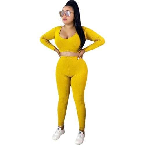 Sexy Women Set Knitted Long Sleeve Crop Top + Long Pant Solid Color Tracksuit Women Outfits