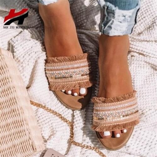 New summer Women flat bottom outdoor slippers High quality handmade Roman style tassel decoration fashion beach female slippers