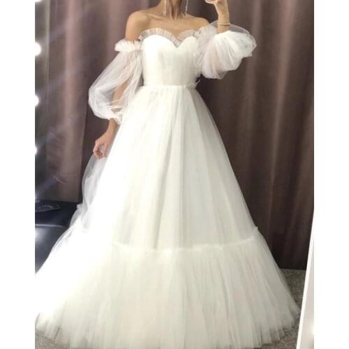 Boho Wedding Dresses for Bride 2021 Long Off Shoulder Sweetheart Puffy Sleeves Bridal Gowns vestido de noiva