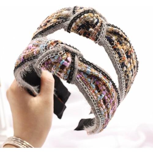 Vintage Metal Chain Jewel Bezel Hair Band Women Knot Headband Winter Knit Hair Clips Girls Hair Accessories opaska do wlosow