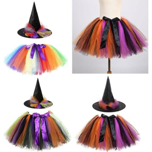 Parent-Child Women Girls Halloween Tutu Skirt with Witch Hat Rainbow Colorblock Tulle Bowknot Pettiskirt Costume Outfits